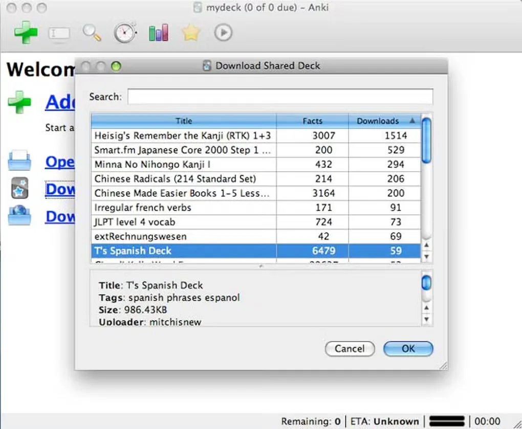 Older Anki Mac interface with the Download Shared Deck dialog listing language decks and a selected Spanish deck