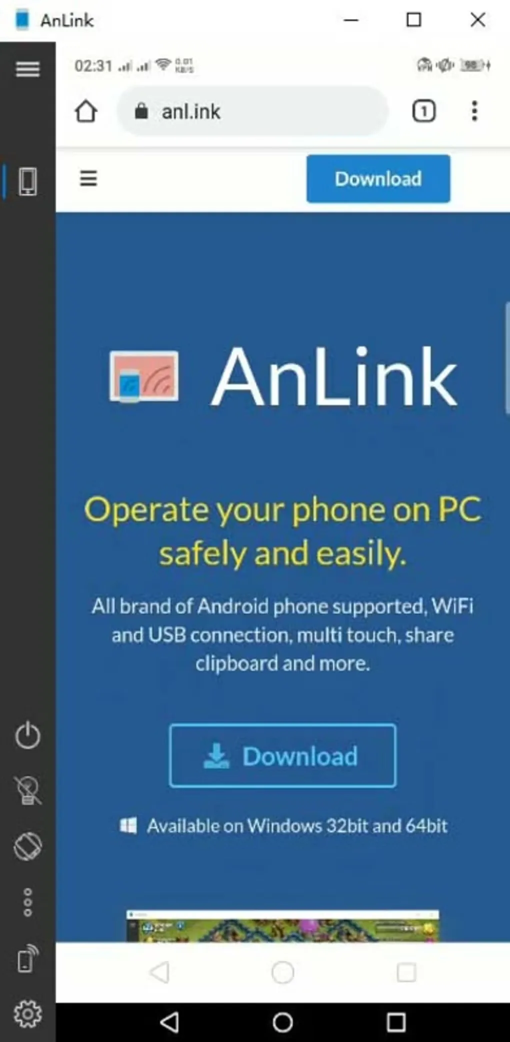 AnLink desktop window mirroring an Android browser on anl.ink, with the app sidebar and Android navigation buttons visible.