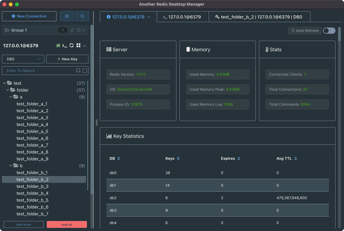 Publisher's macOS example of Another Redis Desktop Manager in dark mode, showing a Redis key tree, server and memory panels, and key statistics.