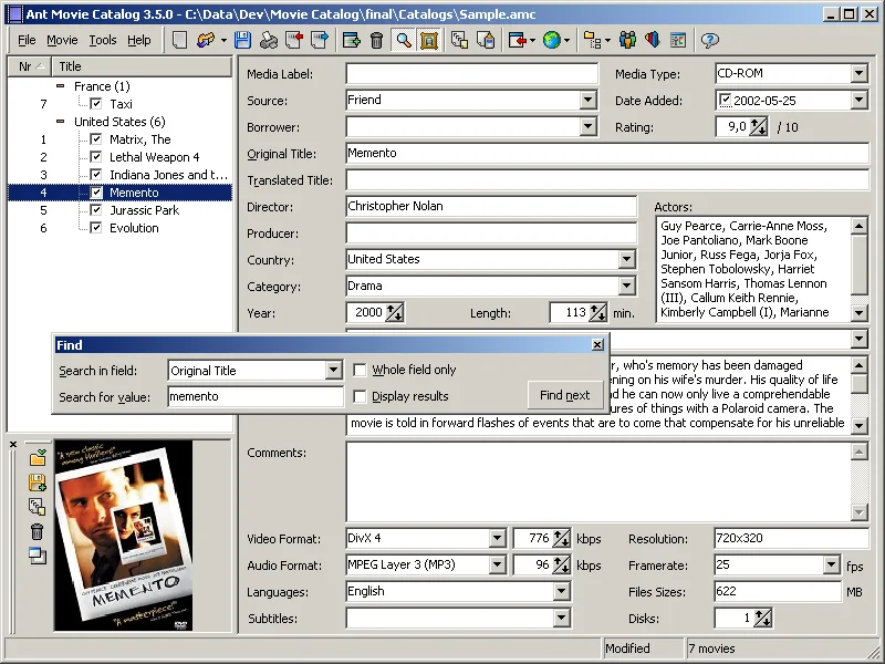 Publisher screenshot of Ant Movie Catalog 3.5.0 on Windows, with a movie list, Memento details and the Find dialog.