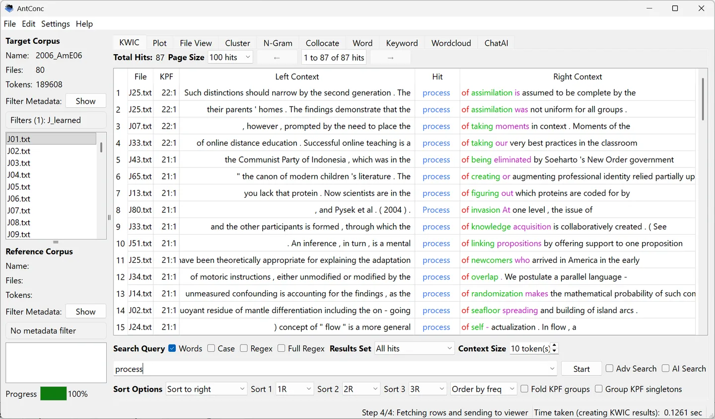 AntConc KWIC window showing the query process with left and right concordance context and corpus file lists.