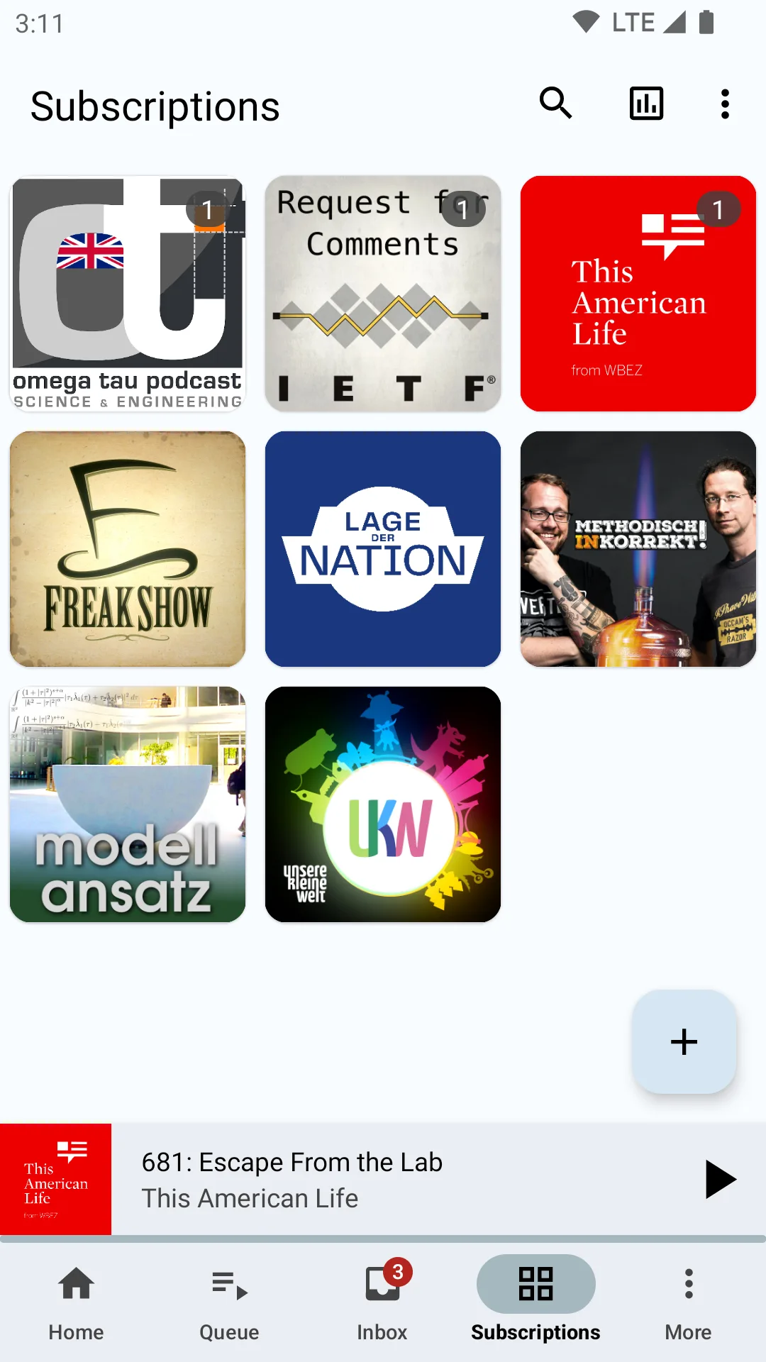 AntennaPod Android Subscriptions screen with podcast cover grid, add button, episode mini-player and bottom navigation