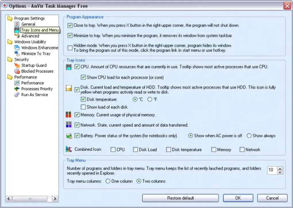 Historical AnVir Task Manager Free Options dialog showing Tray Icons and Menu settings for CPU, disk, memory, network and battery indicators.