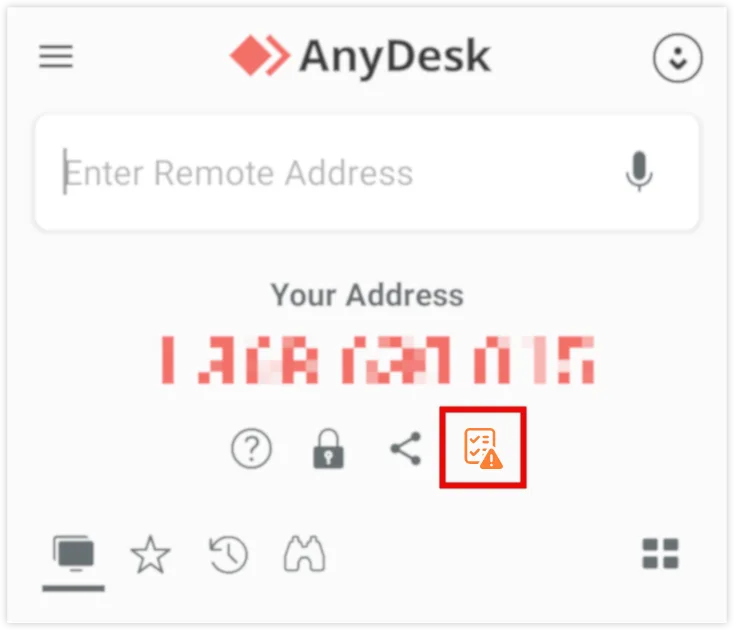 AnyDesk Android home screen with remote address field and publisher-highlighted setup checklist