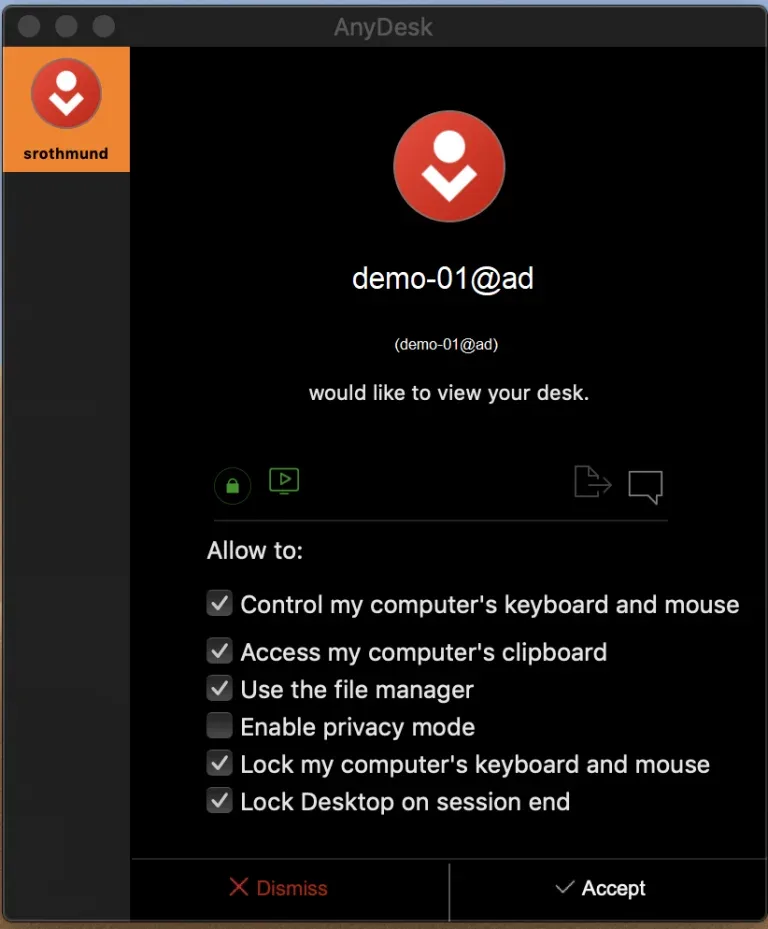 Publisher-documented AnyDesk macOS Accept Window with session permissions and Dismiss and Accept buttons