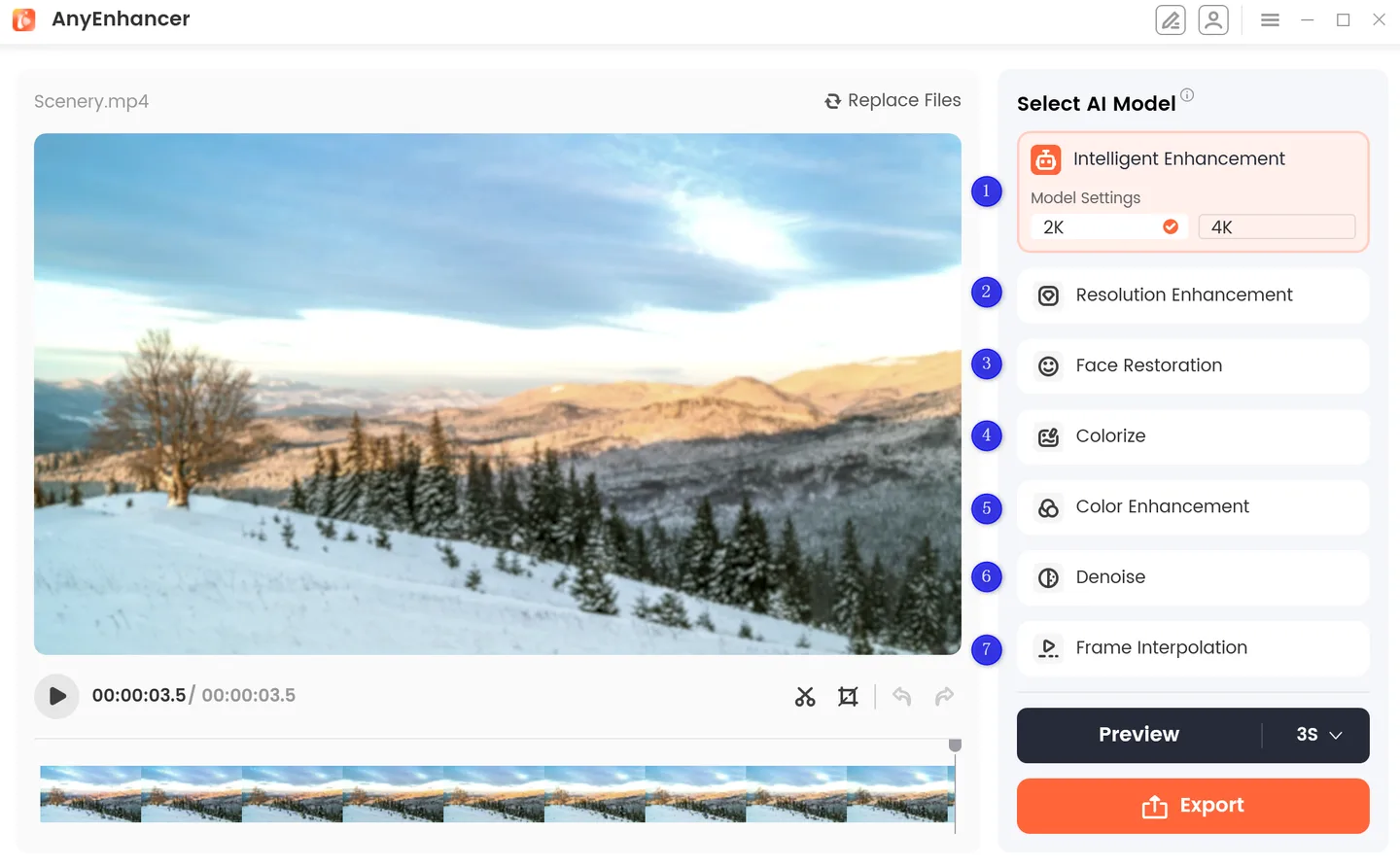 AnyEnhancer for Windows showing a scenery clip, timeline, seven AI enhancement models, and Preview and Export controls
