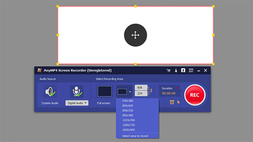 AnyMP4 Screen Recorder unregistered Windows interface with system audio, microphone, recording-area presets and REC button below a resizeable capture region.