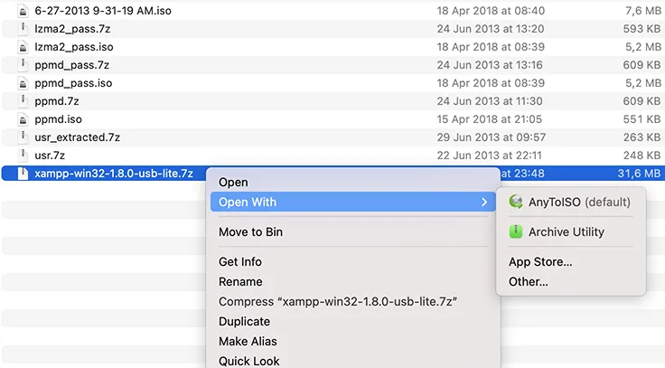 Finder Open With menu for a 7Z archive listing AnyToISO as the default application