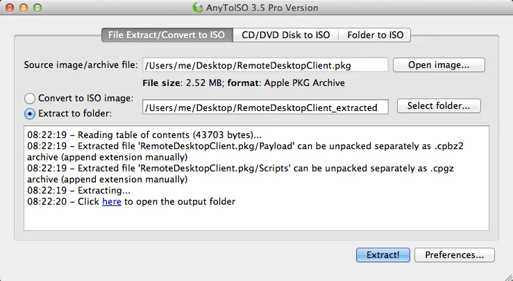 Historical AnyToISO 3.5 Pro Mac window showing PKG extraction, source and destination fields, and an extraction log