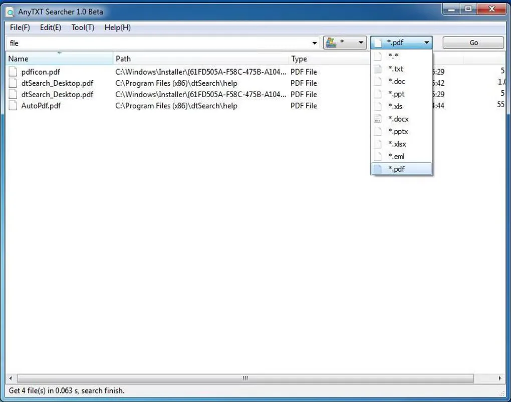 Historical AnyTXT Searcher 1.0 Beta Windows interface with PDF search results and an open file-type filter; not the current build