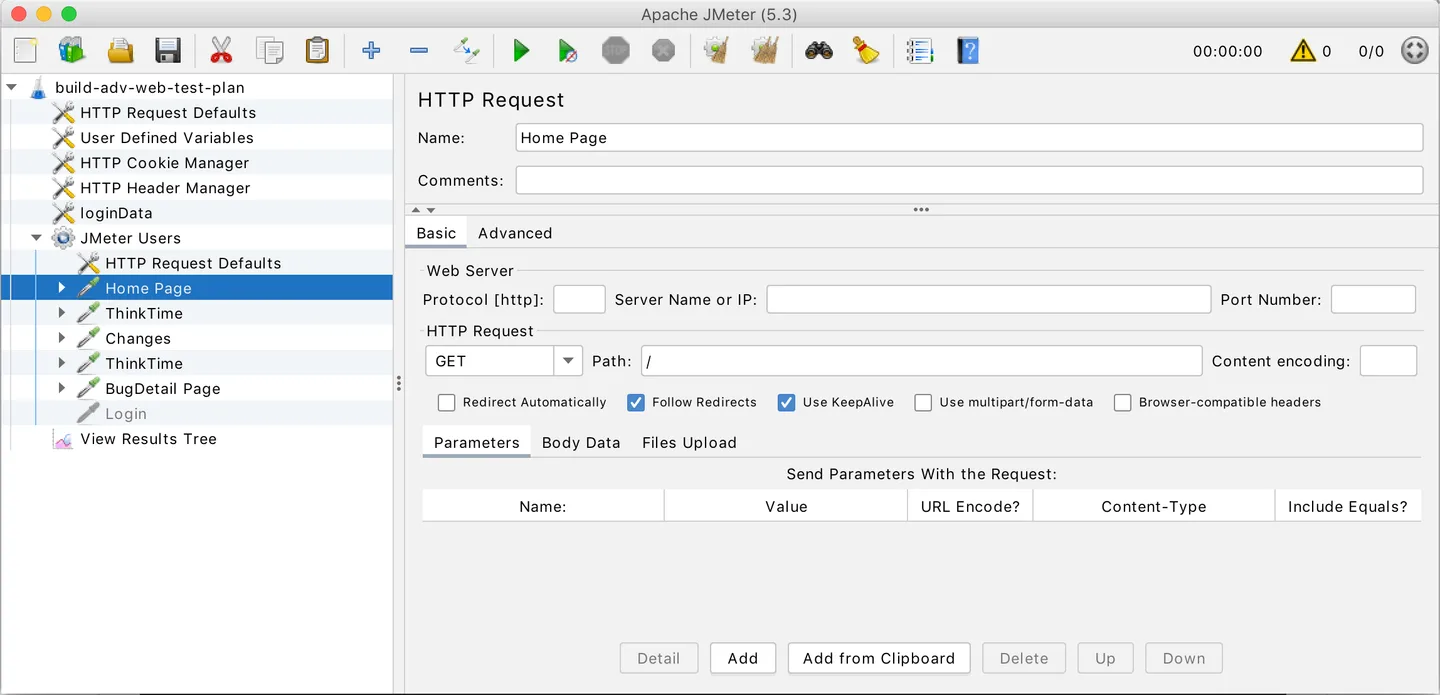 Publisher screenshot of the older JMeter 5.3 editor on macOS, showing a test-plan tree and HTTP Request configuration.
