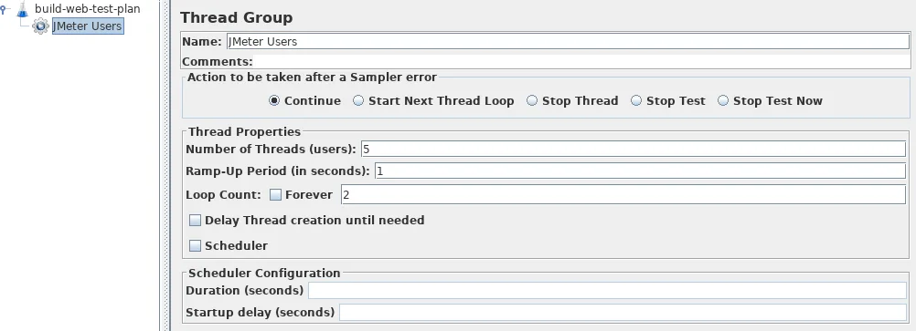Publisher documentation screenshot of JMeter's Thread Group panel with five users, one-second ramp-up and two loops.