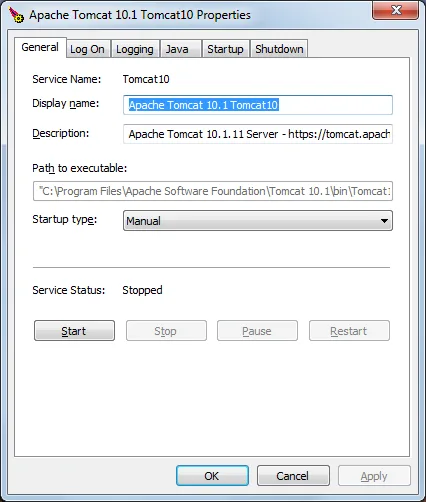 Historical Apache Tomcat 10.1 Windows service-properties dialog showing startup type, service status and start/stop controls; not the Tomcat 11 build