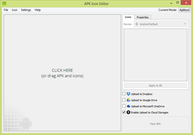 APK Icon Editor on Windows showing the APK drop area, Icons and Properties tabs, and Pack APK control.