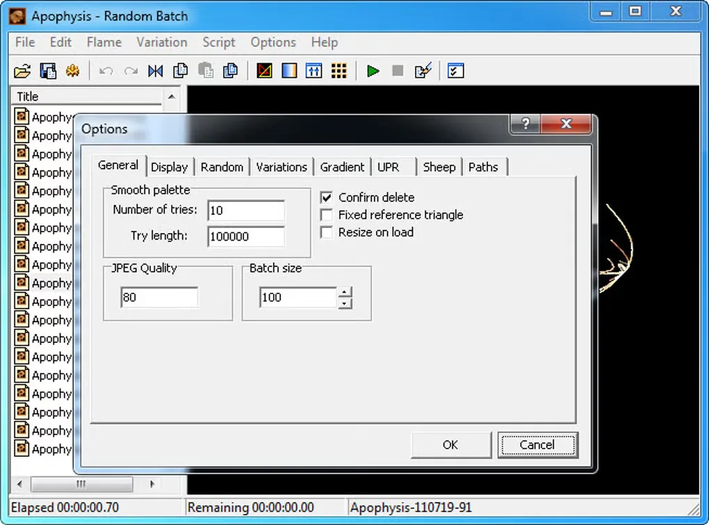 Apophysis Random Batch window with its Options dialog open over a fractal preview