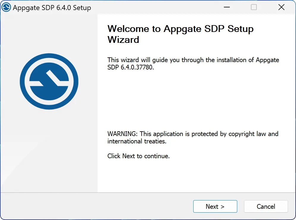 Appgate SDP Windows setup wizard showing version 6.4.0.37780, an older publisher illustration