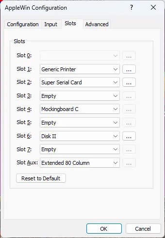 AppleWin Configuration window showing the Slots tab with printer, serial, Mockingboard and Disk II card selections.