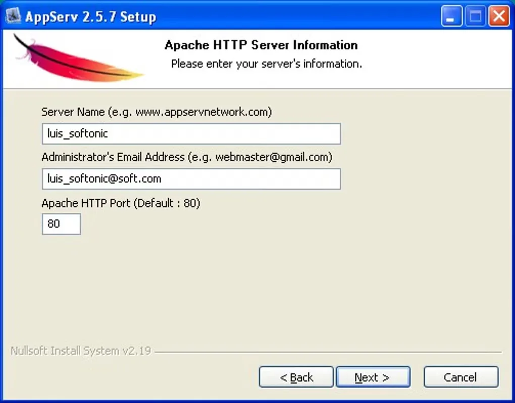 Historical AppServ 2.5.7 Windows setup: Apache server name, administrator email and HTTP port fields.