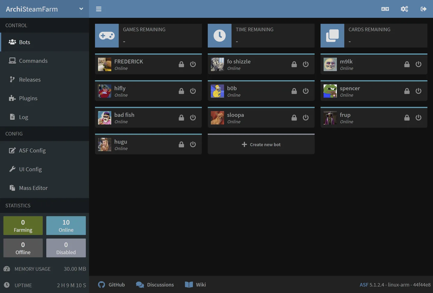Historical ASF-ui Bots dashboard with multiple online accounts; publisher example shows a Linux instance