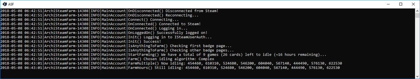 Historical Windows ASF console showing Steam login and card-farming status from the publisher setup guide