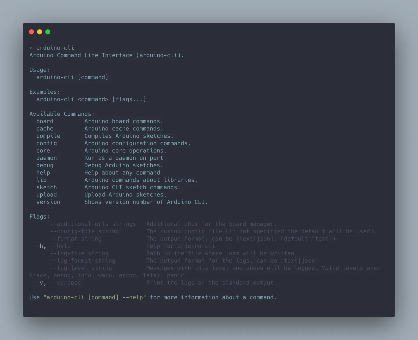 Publisher illustration of Arduino CLI terminal help in a macOS-style window, showing commands for boards, compilation, libraries and uploads; not a Windows capture.