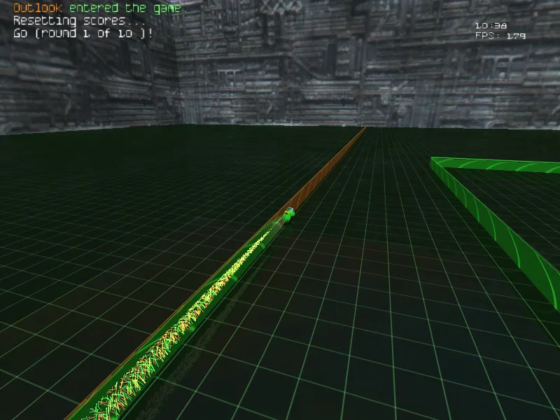 Armagetron Advanced gameplay with a lightcycle, orange and green trail walls, a grid arena floor and in-game status text