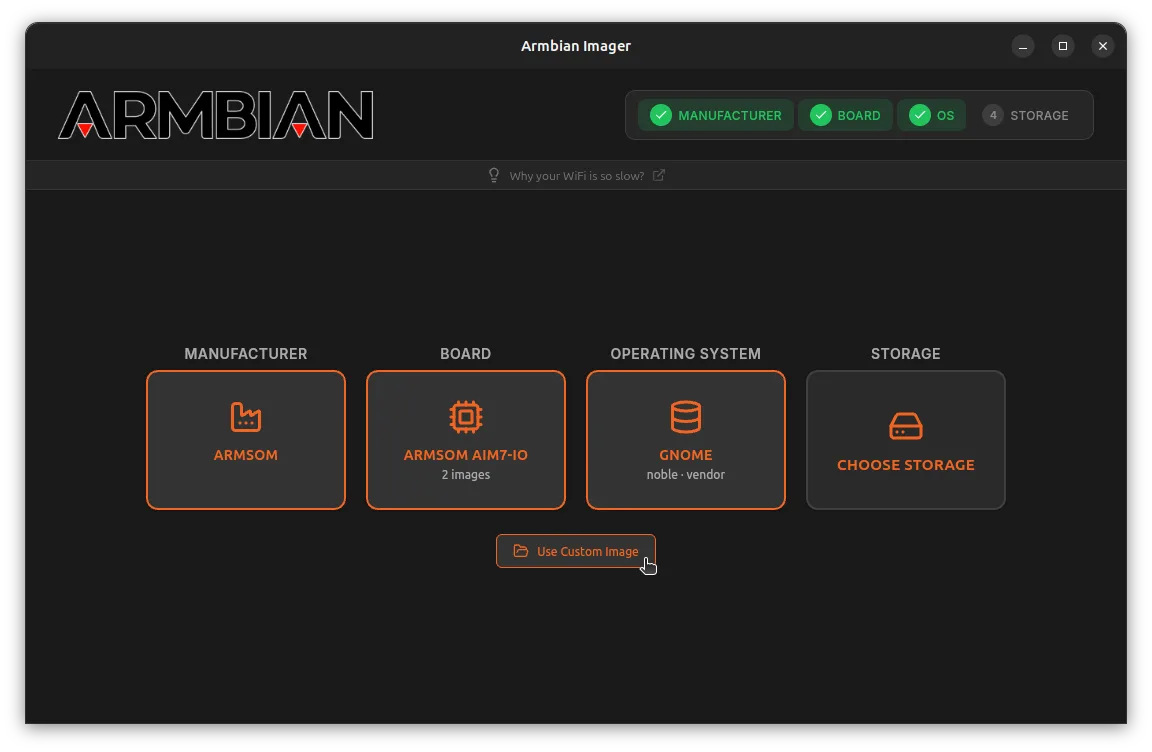 Historical Armbian Imager preview with ArmSom AIM7-IO and GNOME selected, Choose Storage and Use Custom Image controls; not a Windows 2.5.0 capture.