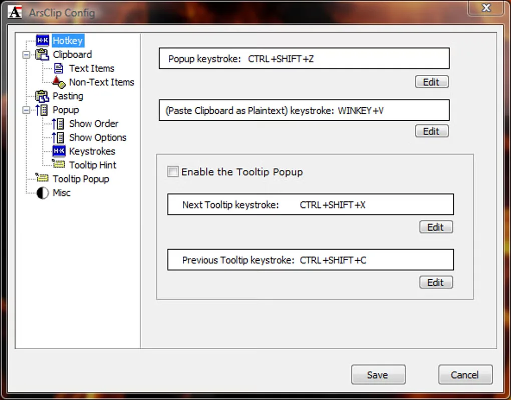 ArsClip Config window showing popup hotkeys, tooltip keystrokes and the clipboard settings navigation tree