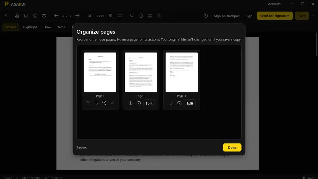 ASAPDF on Windows with the Organize pages dialog showing three page thumbnails and move, rotate, delete and split controls.