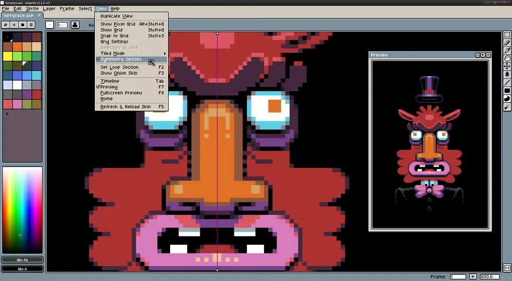Older Aseprite interface editing a pixel-art character, with a color palette, View menu and separate preview window.