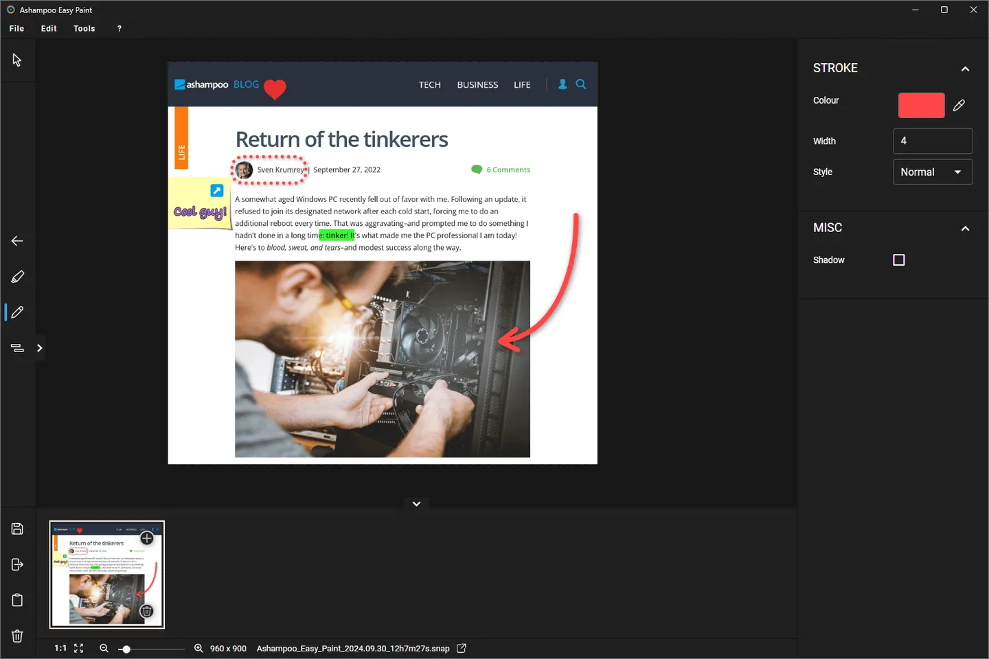 Ashampoo Easy Paint in dark mode with an annotated article image, drawing toolbar and stroke settings.