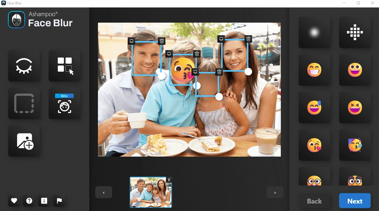 Ashampoo Face Blur editor showing face selection boxes, an emoji overlay and a blurred face in a group photo