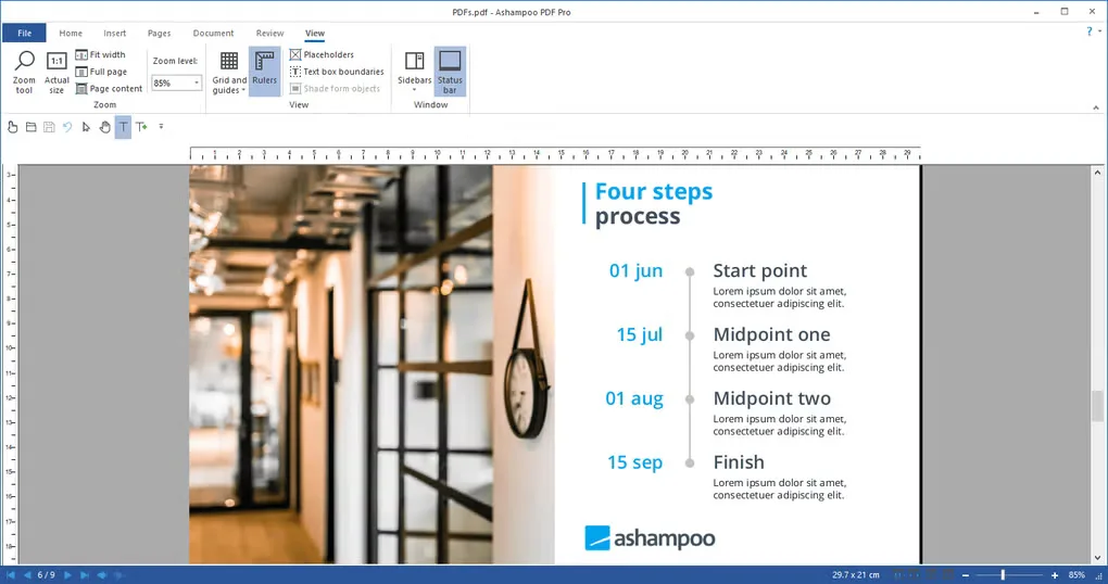 Ashampoo PDF Pro displaying a PDF presentation with the View ribbon, rulers and page navigation.