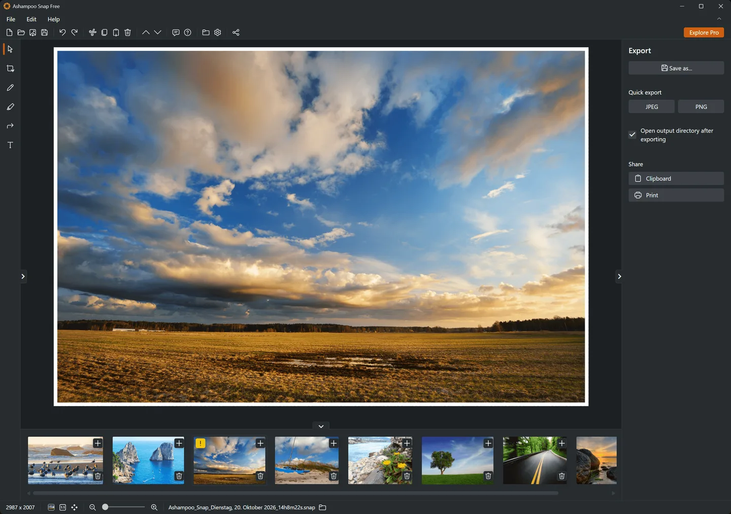 Ashampoo Snap FREE editor with a landscape image, annotation toolbar, image thumbnails and JPEG/PNG export controls