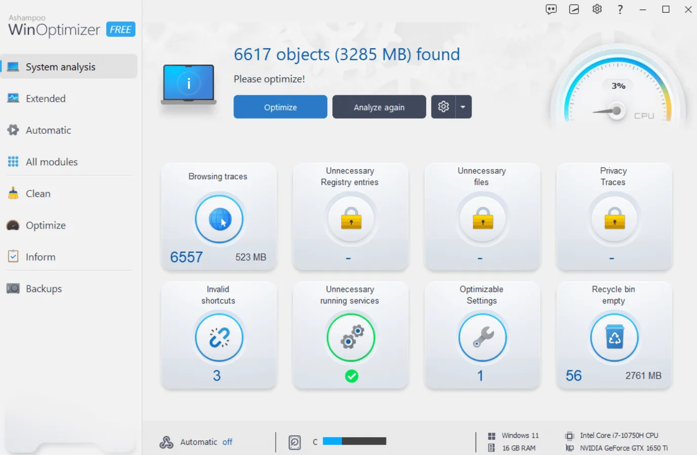 Ashampoo WinOptimizer Free system analysis screen with browsing traces, maintenance tiles and several locked categories