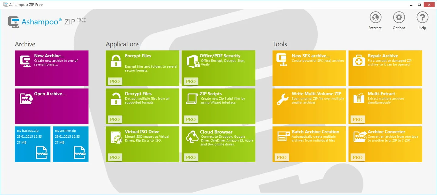 Ashampoo ZIP FREE start screen with New Archive and Open Archive tiles, recent archives, and advanced tools marked PRO.