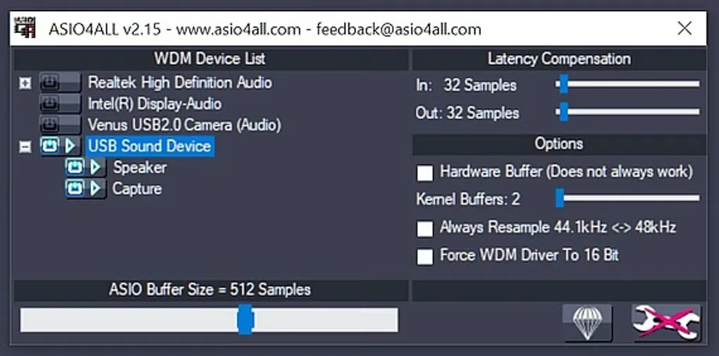 ASIO4ALL v2.15 Windows control panel showing WDM devices, latency compensation and ASIO buffer controls; historical interface