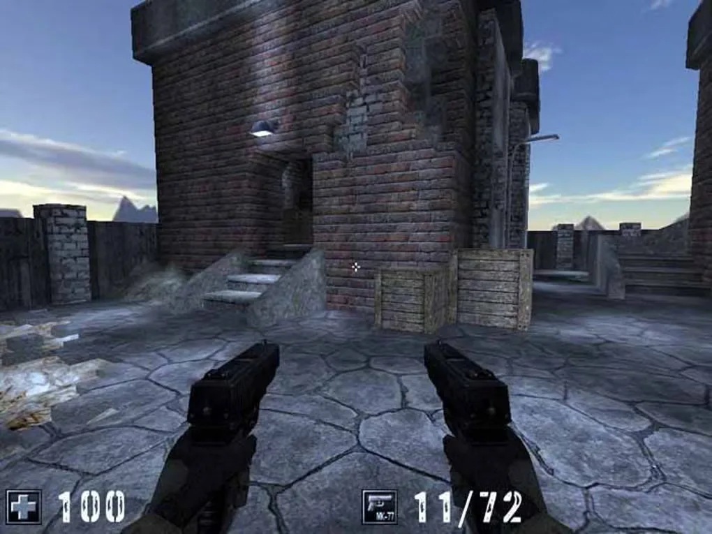 AssaultCube first-person gameplay with dual pistols, a stone courtyard and health and ammunition indicators