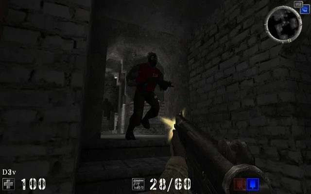 AssaultCube gameplay on ac_mines: a submachine gun firing in a stone corridor, with health, ammunition and minimap HUD.