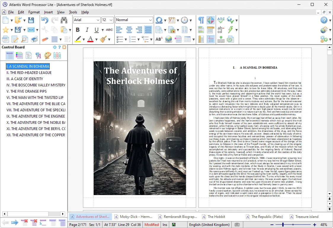 Atlantis Word Processor Lite showing a Sherlock Holmes document, formatting toolbars, chapter navigation and open-document tabs on Windows