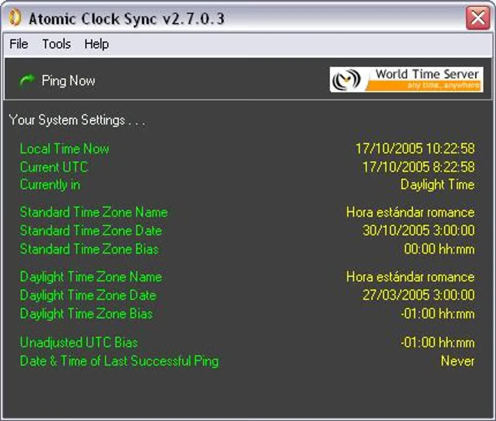 Historical Atomic Clock Sync v2.7.0.3 gallery screenshot showing system time, time-zone settings and Ping Now