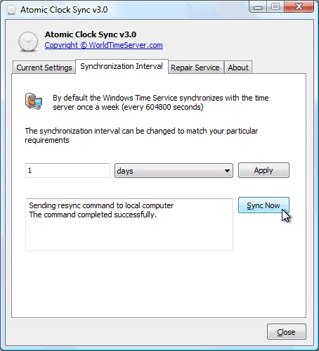 Publisher's historical Atomic Clock Sync v3.0 window with Synchronization Interval, Apply and Sync Now controls