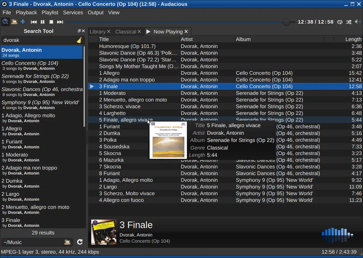 Publisher screenshot labeled Audacious 4.0.2 showing library search, a tabbed playlist, playback controls and track details.