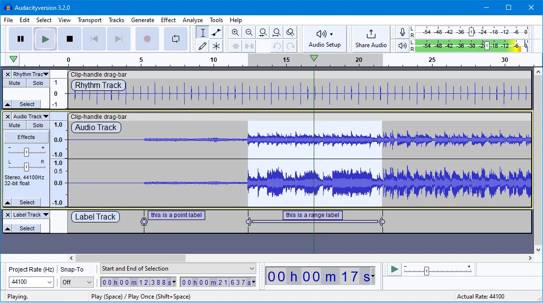 Audacity 3.2 on Windows 10 with rhythm, audio and label tracks — illustrative older interface, not Audacity 4.0.1.