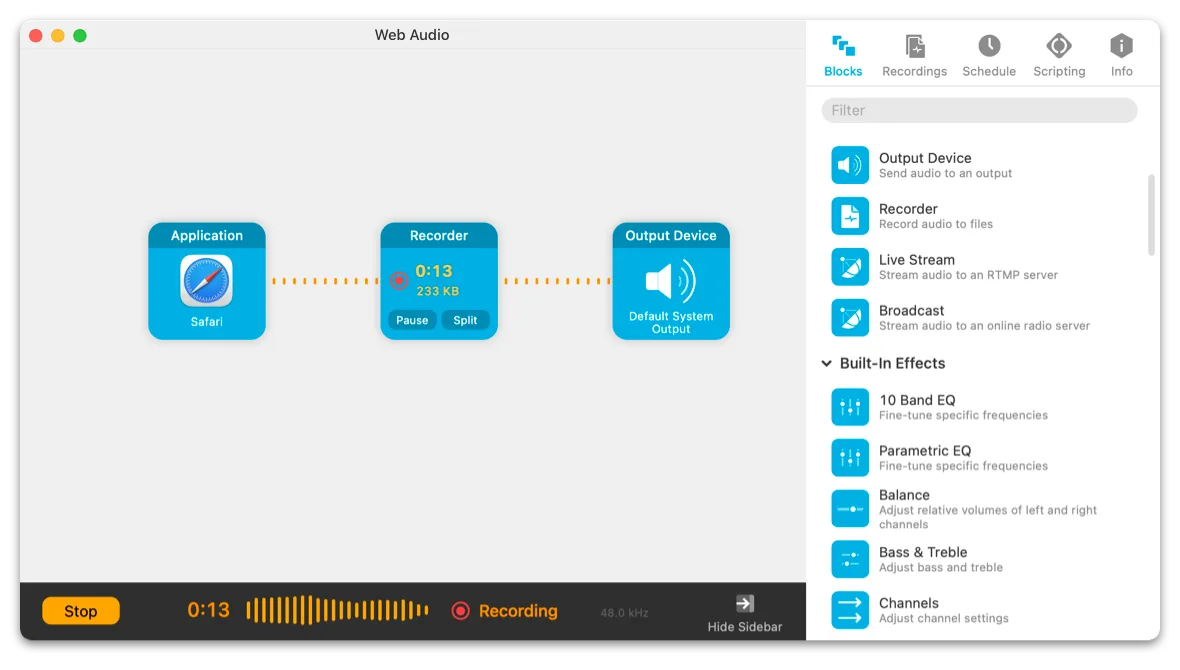 Audio Hijack Web Audio session connecting Safari to a Recorder and system output, with the block library visible