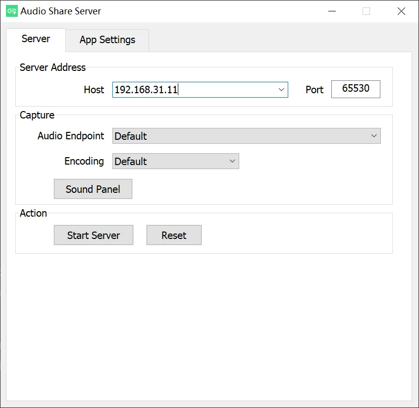 Audio Share Server for Windows showing host and port fields, audio endpoint and encoding selectors, and the Start Server button.