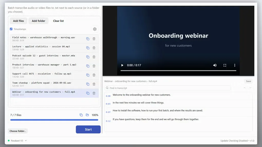 Audio & Video to Text Transcriber showing a seven-file batch queue, webinar player and searchable timestamped transcript