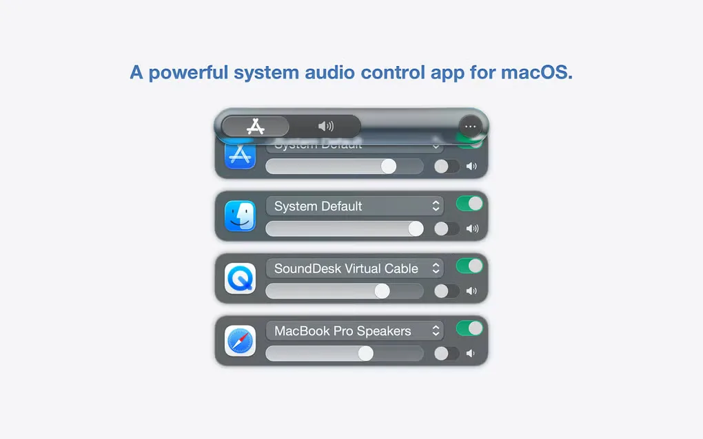AudioCentral Mac mixer showing separate app volume sliders and output choices including System Default, SoundDesk Virtual Cable and MacBook Pro Speakers.
