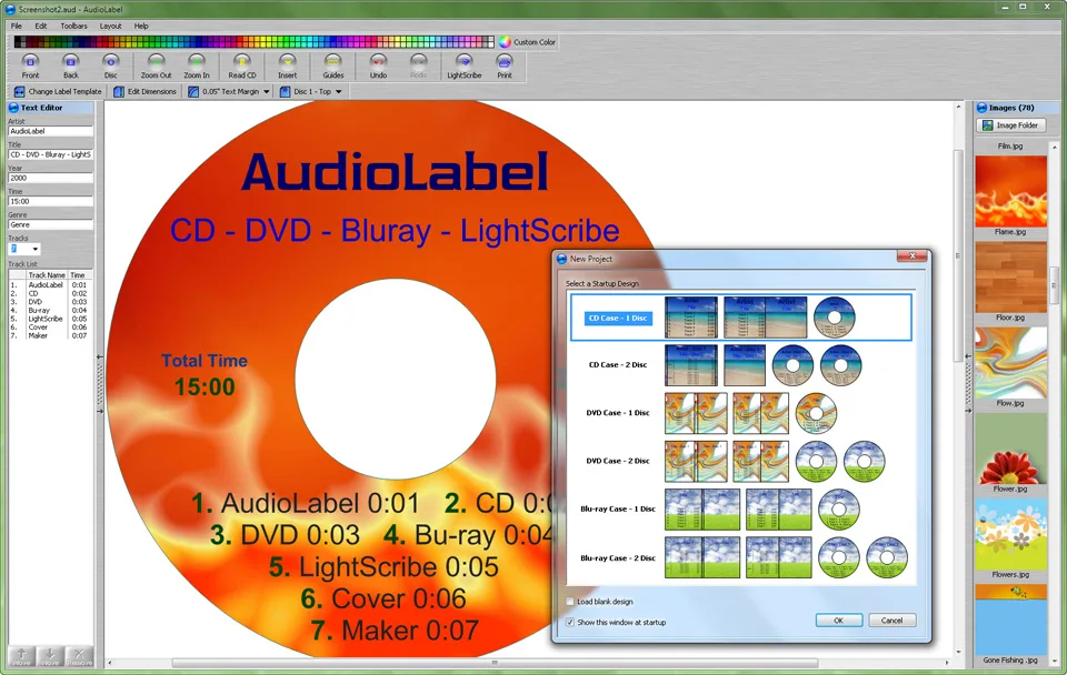 AudioLabel Windows editor showing a disc label, text fields, image gallery and New Project case templates
