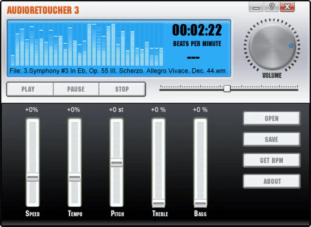 Historical AudioRetoucher 3 window showing playback, BPM display and speed, tempo, pitch, treble and bass sliders